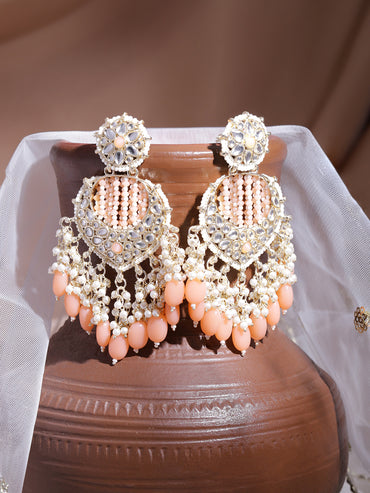 Rubans Gold Plated Chandbali Earrings With Golden And Pink Beads