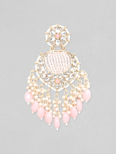 Rubans Gold Plated Chandbali Earrings With Golden And Pink Beads