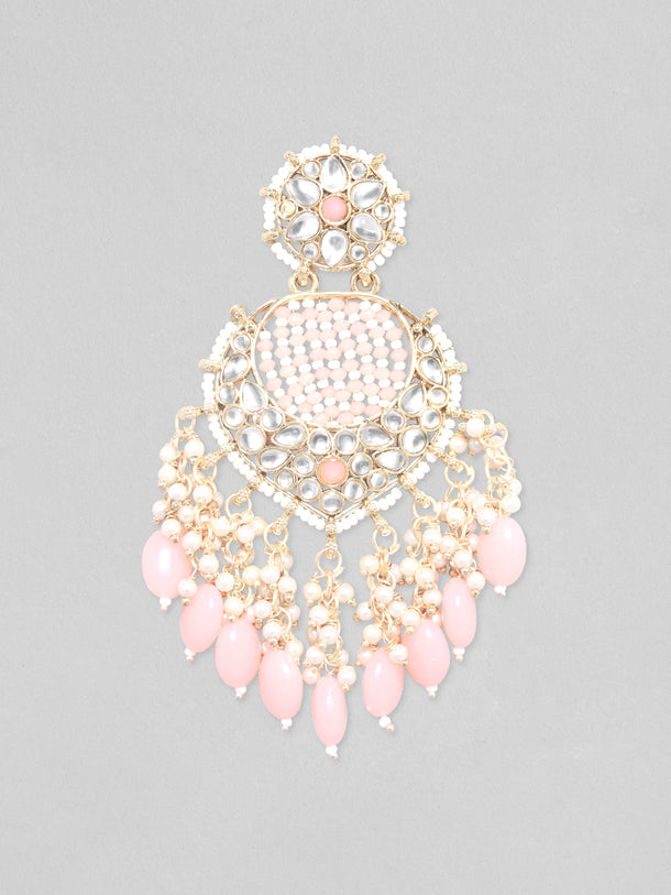 Rubans Gold Plated Chandbali Earrings With Golden And Pink Beads