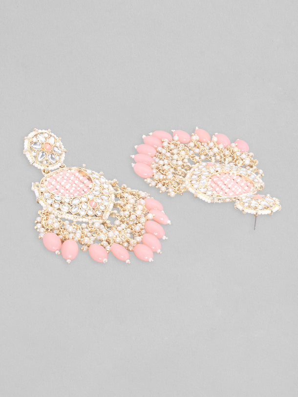 Rubans Gold Plated Chandbali Earrings With Golden And Pink Beads