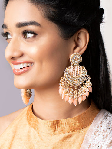 Rubans Gold Plated Chandbali Earrings With Golden And Pink Beads