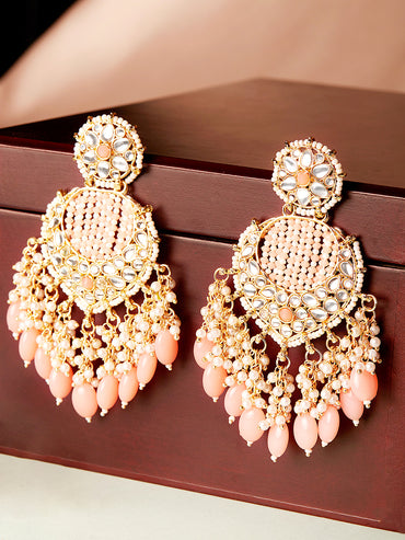 Rubans Gold Plated Chandbali Earrings With Golden And Pink Beads