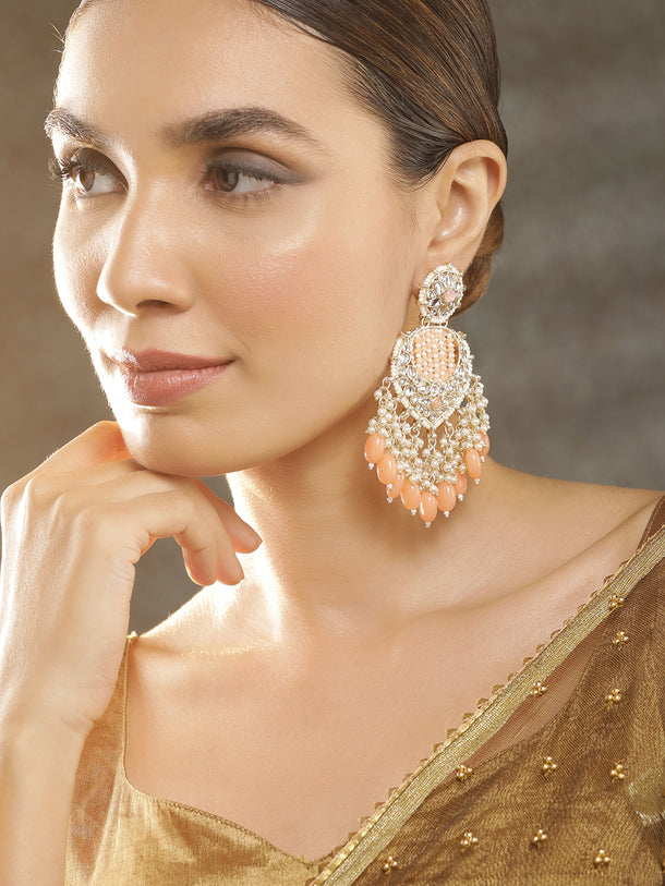 Rubans Gold Plated Chandbali Earrings With Golden And Pink Beads