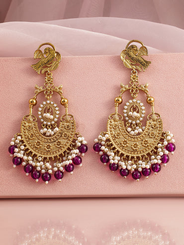 Rubans 18K Gold-Plated Large Chandbali Earrings with White Pearl Beaded Accents