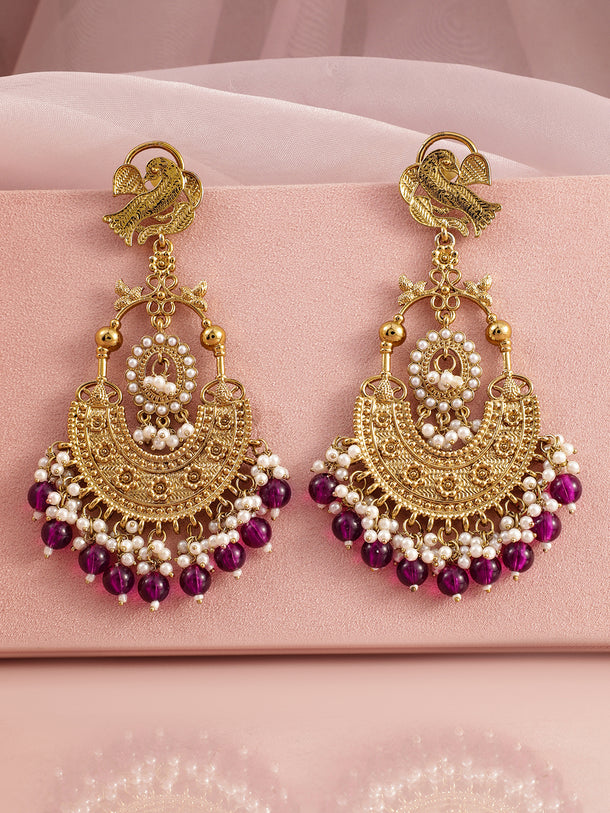 Rubans 18K Gold-Plated Large Chandbali Earrings with Pearl Beaded Accents