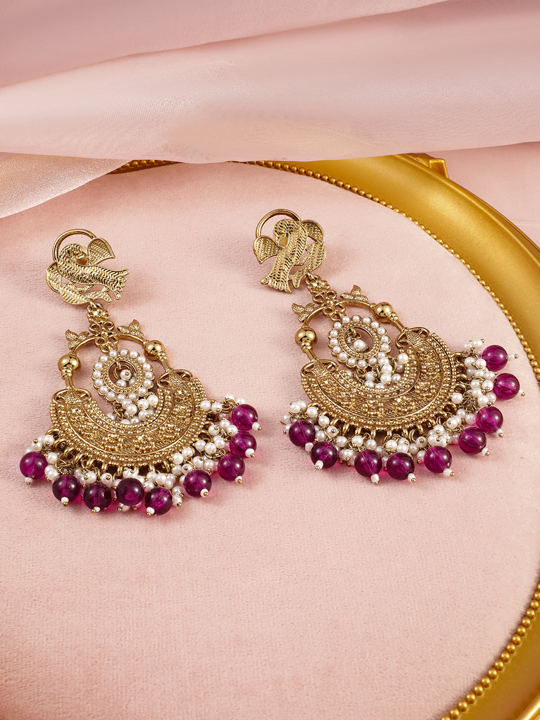 Rubans 18K Gold-Plated Large Chandbali Earrings with White Pearl Beaded Accents