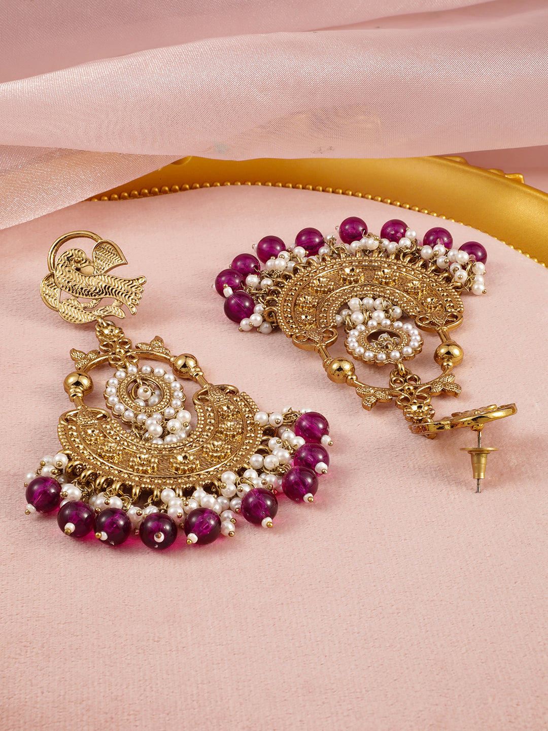 Rubans 18K Gold-Plated Large Chandbali Earrings with White Pearl Beaded Accents