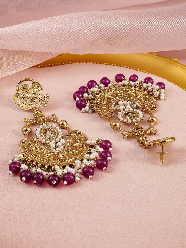 Rubans 18K Gold-Plated Large Chandbali Earrings with White Pearl Beaded Accents