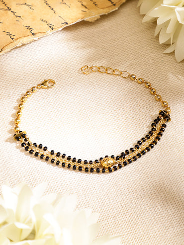 Rubans 18K Gold-Plated Black Beaded & Golden Chain Mangalsutra Bracelet for Women