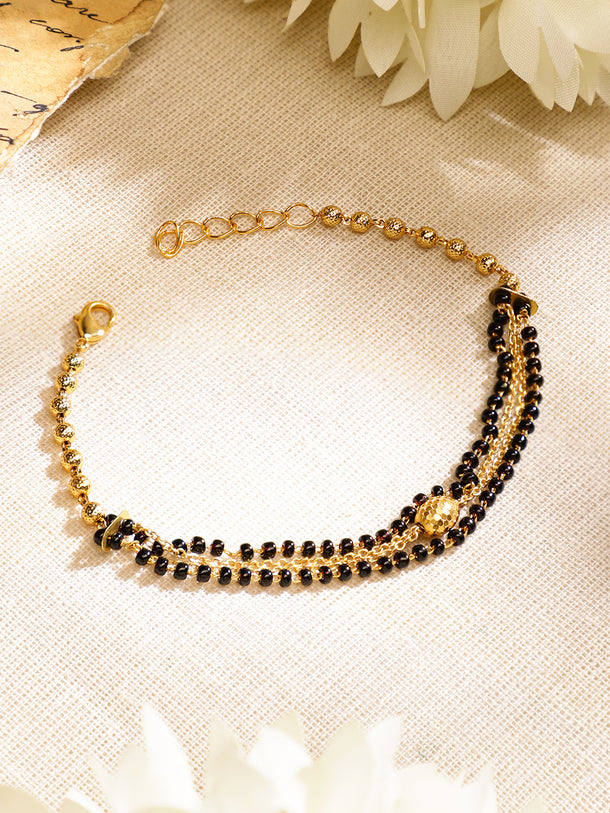 Rubans 18K Gold-Plated Black Beaded & Golden Chain Mangalsutra Bracelet for Women