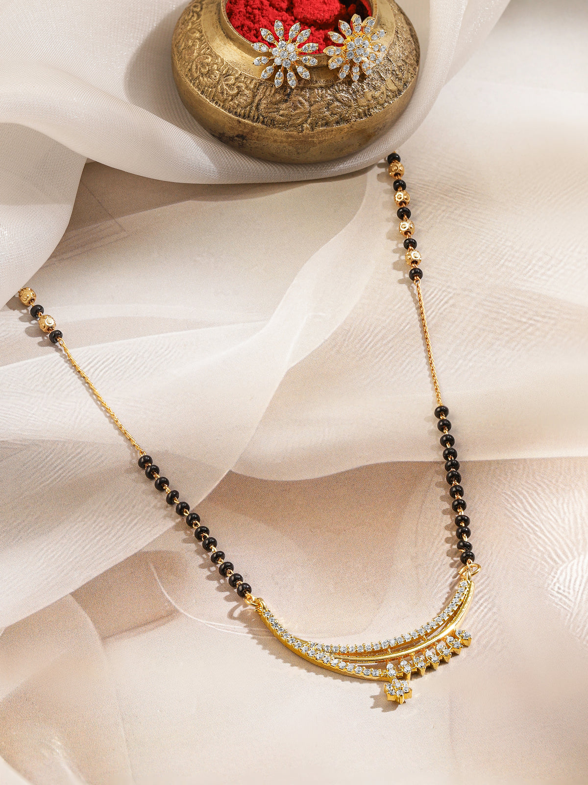 Rubans 18K Gold-Plated White Cubic Zirconia Studded Crescent Moon Mangalsutra Set with Black Beaded Chain & Floral Earrings