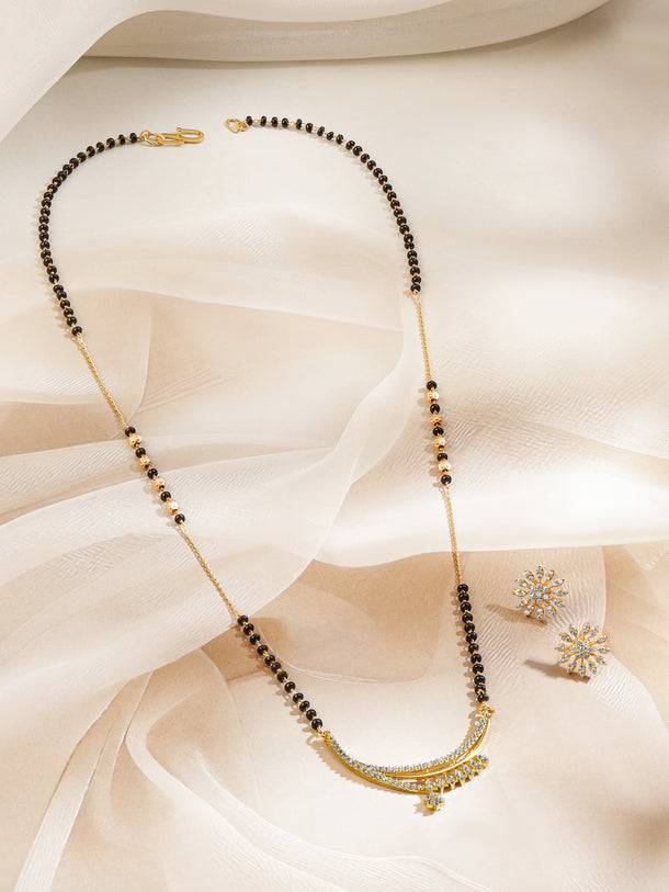 Rubans 18K Gold-Plated White Cubic Zirconia Studded Crescent Moon Mangalsutra Set with Black Beaded Chain & Floral Earrings