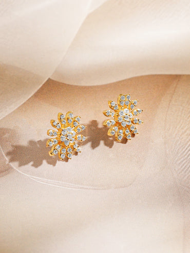 Rubans 18K Gold-Plated White Cubic Zirconia Studded Crescent Moon Mangalsutra Set with Black Beaded Chain & Floral Earrings