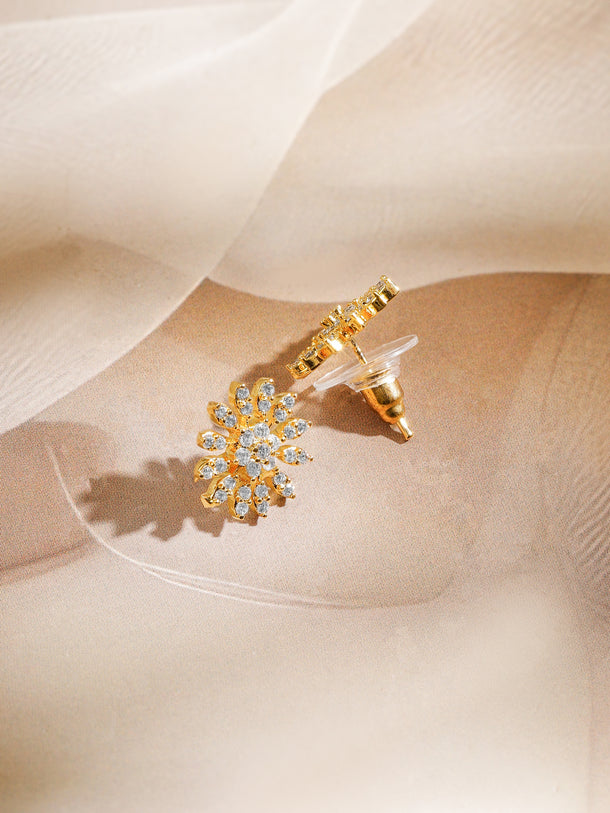 Rubans 18K Gold-Plated White Cubic Zirconia Studded Crescent Moon Mangalsutra Set with Black Beaded Chain & Floral Earrings