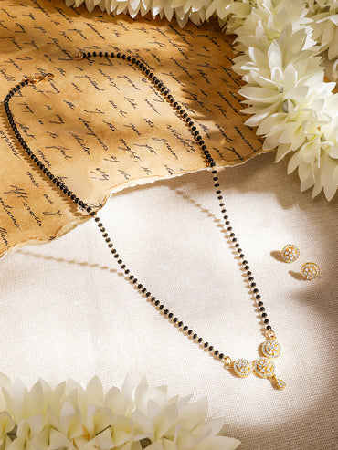 Rubans 18K Gold-Plated White Cubic Zirconia Studded Circular Pendant Mangalsutra Set with Black Beads Chain & Earrings