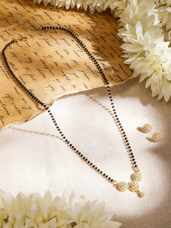 Rubans 18K Gold-Plated White Cubic Zirconia Studded Circular Pendant Mangalsutra Set with Black Beads Chain & Earrings