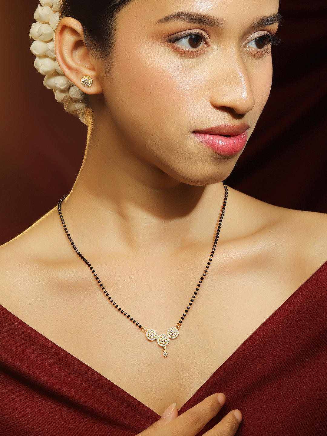 Rubans 18K Gold-Plated White Cubic Zirconia Studded Circular Pendant Mangalsutra Set with Black Beads Chain & Earrings