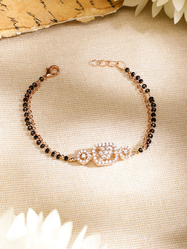Rubans Rose Gold-Plated White Cubic Zirconia Studded Floral Mangalsutra Bracelet with Black Beads for Women
