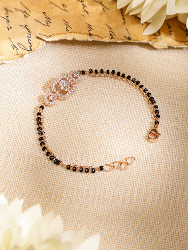 Rubans Rose Gold-Plated White Cubic Zirconia Studded Floral Mangalsutra Bracelet with Black Beads for Women