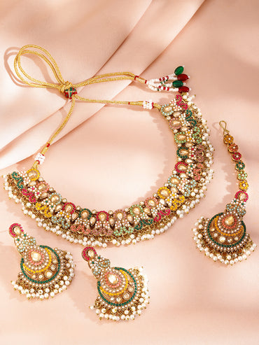 Multicolor studded Jewellery Set With Pearl Drops