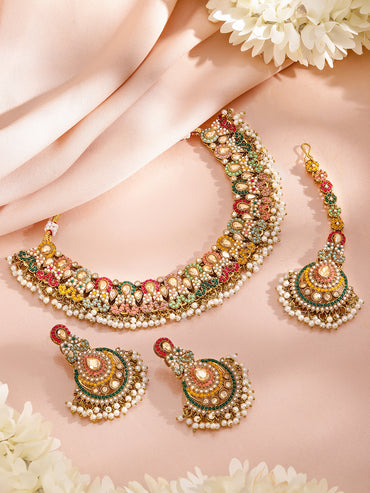 Multicolor studded Jewellery Set With Pearl Drops