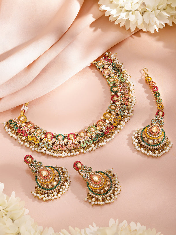 Multicolor studded Jewellery Set With Pearl Drops