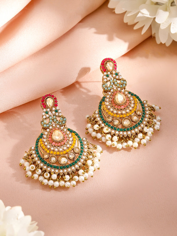 Multicolor studded Jewellery Set With Pearl Drops