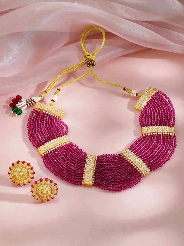 American Diamond Zirconia Pink Beads Necklace Set