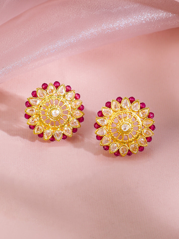 Rubans 22K Gold-Plated Ruby Pink Beaded & Cubic Zirconia Multi-Strand Ethnic Traditional Choker Jewellery Set