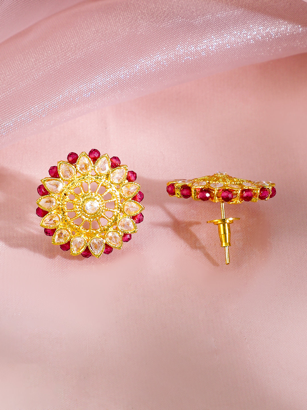 Rubans 22K Gold-Plated Ruby Pink Beaded & Cubic Zirconia Multi-Strand Ethnic Traditional Choker Jewellery Set