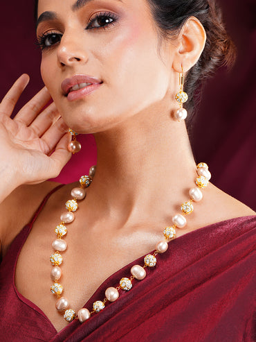 Peach Pearl Beaded Cubic Zirconia Statement Necklace Set