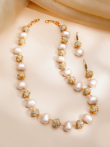 Peach Pearl Beaded Cubic Zirconia Statement Necklace Set