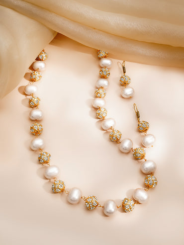 Peach Pearl Beaded Cubic Zirconia Statement Necklace Set