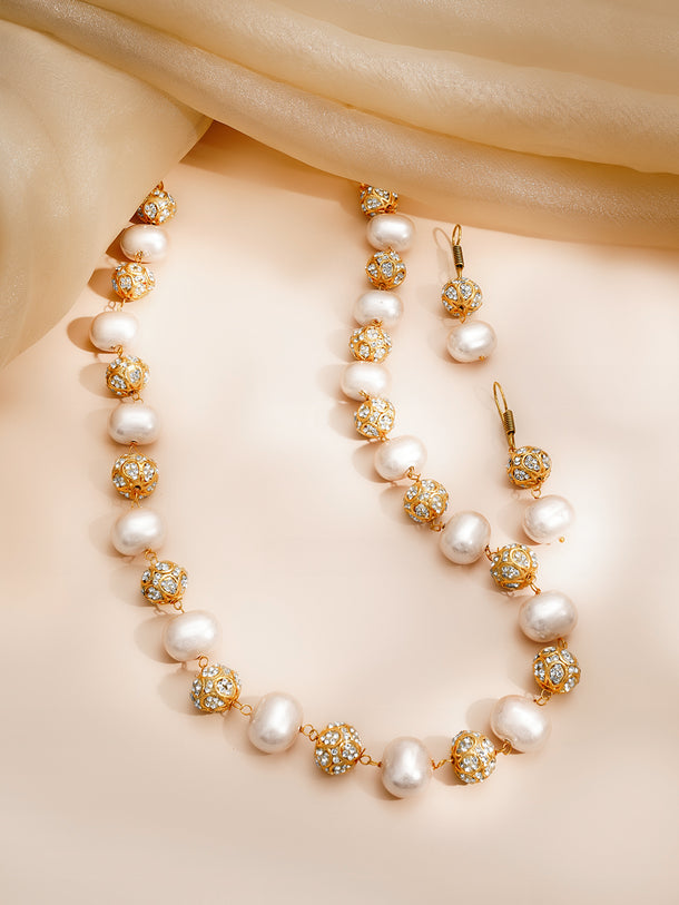 Peach Pearl Beaded Cubic Zirconia Statement Necklace Set