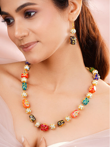 Brass Multicolor Beaded Crystal Studded 22K Gold Plated Statement Necklace