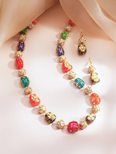 Brass Multicolor Beaded Crystal Studded 22K Gold Plated Statement Necklace