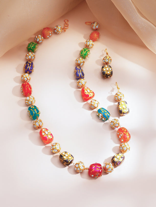 Brass Multicolor Beaded Crystal Studded 22K Gold Plated Statement Necklace