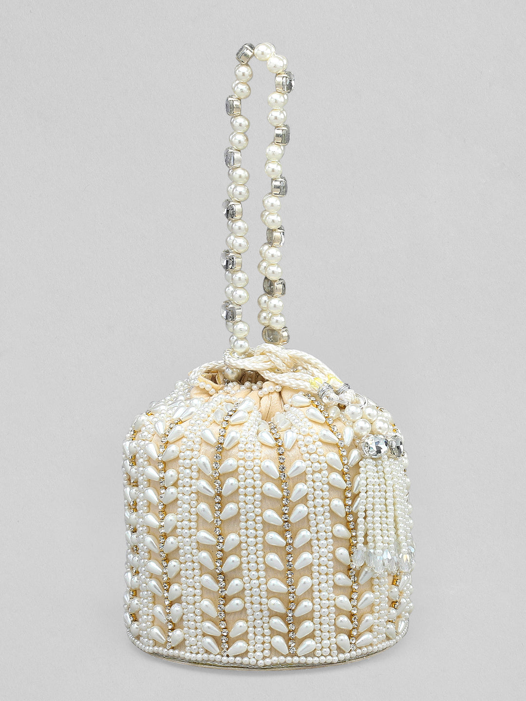 Rubans Off White Coloured Potli Bag With Golden Embroided Design And Pearls.