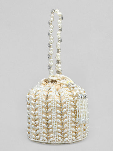 Rubans Off White Coloured Potli Bag With Golden Embroided Design And Pearls.