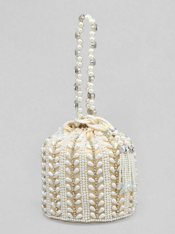 Rubans Off White Coloured Potli Bag With Golden Embroided Design And Pearls.