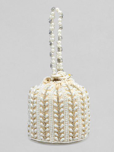 Rubans Off White Coloured Potli Bag With Golden Embroided Design And Pearls.