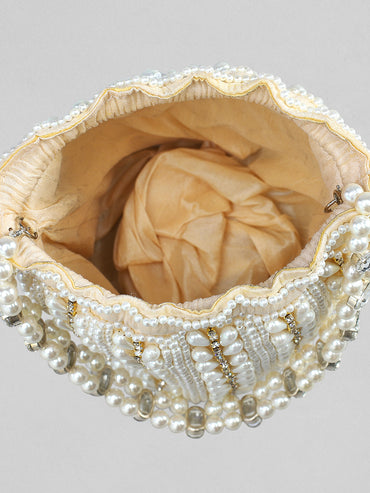 Rubans Off White Coloured Potli Bag With Golden Embroided Design And Pearls.