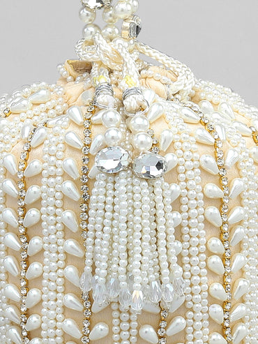 Rubans Off White Coloured Potli Bag With Golden Embroided Design And Pearls.