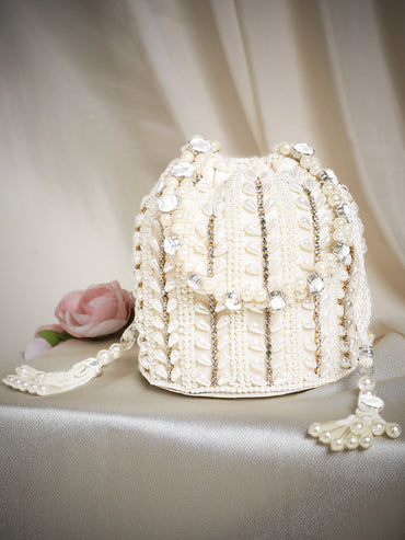 Rubans Off White Coloured Potli Bag With Golden Embroided Design And Pearls.