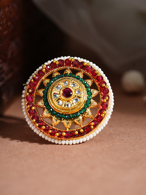 Rubans 22K Gold Plated Kundan Studded Red & Green Crystal with Pearl beaded Handcrafted Adjustable Ring
