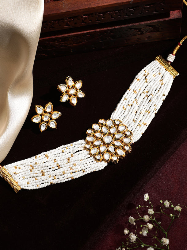 Rubans Luxury 24K Gold Plated Handcrafted Kundan & White Pearls Choker Set