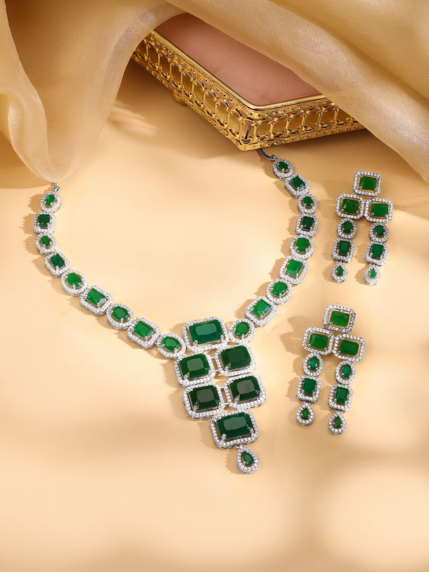 Rhodium Plated Blue Sapphire & CubicZirconia Studded Premium Statement Necklace Set