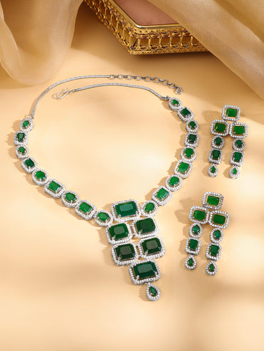 Rhodium Plated Blue Sapphire & CubicZirconia Studded Premium Statement Necklace Set