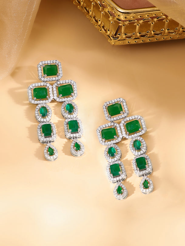 Rhodium Plated Blue Sapphire & CubicZirconia Studded Premium Statement Necklace Set
