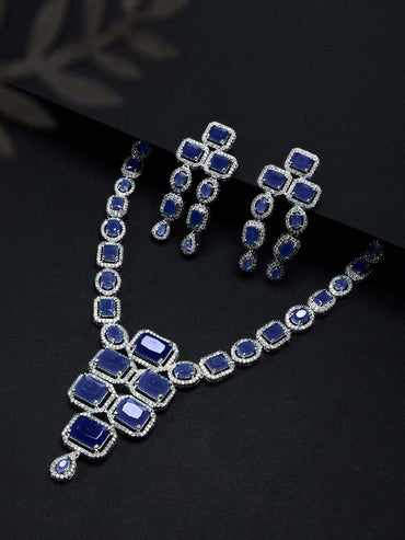 Rubans Rhodium Plated Blue Sapphire & CubicZirconia Studded Premium Statement Necklace Set